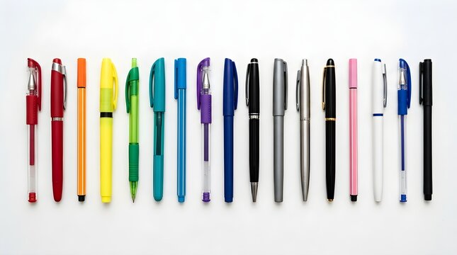 Row of colorful pens on white background