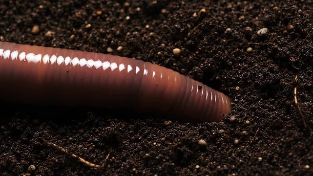 A close up view of an earthworm moving through dark soil.