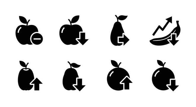 Fruit Icons Set: Up and Down Arrows, Price, Loss, Growth, Decrease