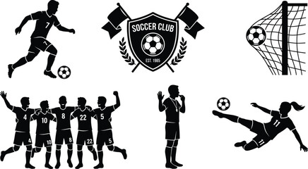 Soccer football elements set for image featuring player dribbling club crest logo ball hitting net celebrating team referee and female player bicycle kick © SREEMOTIDIPIKA