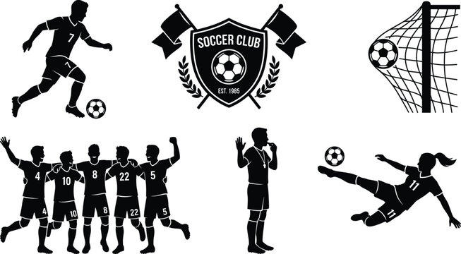 Soccer football elements set for image featuring player dribbling club crest logo ball hitting net celebrating team referee and female player bicycle kick