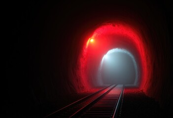 Fototapeta premium Mysterious Red Tunnel with Train Tracks.