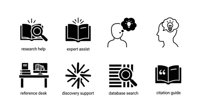 Library Research and Education Icons: Study, Knowledge, and Information Symbols