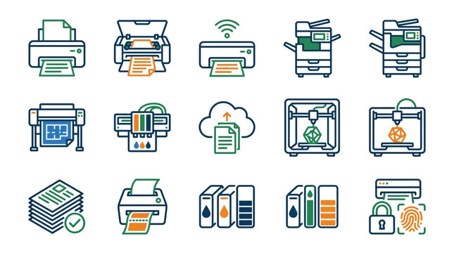 Printing Technology Icons: Printers, Copiers, 3D Printers, Ink, Cloud & Security