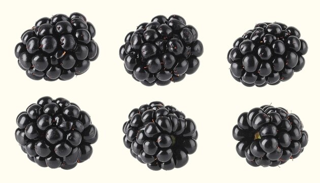 Glossy black blackberries with clustered drupelets and subtle bloom isolated on white background, wild summer berry photography
