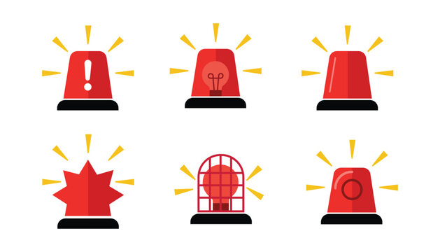 Set of red emergency siren icons, alarm lights for police, ambulance, fire truck and security system, vector illustration