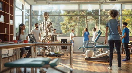 Fototapeta premium Students and a medical instructor gather in a classroom to study human anatomy using a skeletal model.