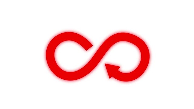 Red infinity loop arrow animation, continuous cycle motion seamless loading progress symbol 4k video.