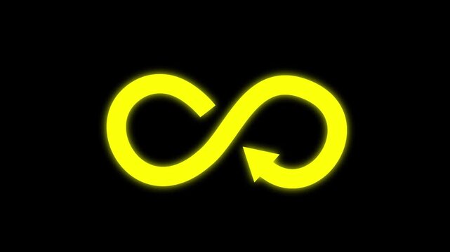 Glowing yellow infinity loop arrow animation, continuous cycle motion for business and technology presentations 4k video.
