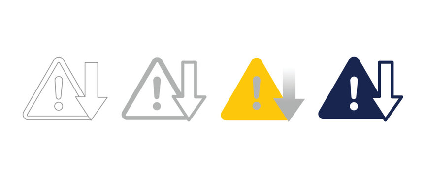 Set of warning signs with downward arrow icons, caution symbols for download or update process, vector illustration