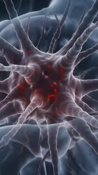 A detailed illustration of a human brain with a translucent gray transparent appearance and a red and red glowing area in the center suggesting activity indicating a neuron