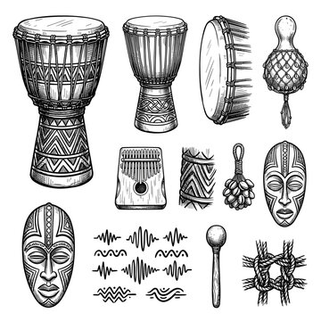 Hand drawn African djembe drum and percussion instrument set, isolated vector sketch on white background