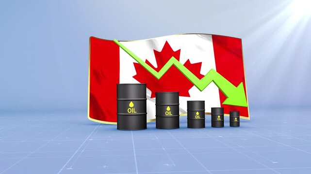 Canada Crude Oil Price Drop with Oil Barrels Downward Green Arrow and 3D Financial Data Visualization Graphs for Economy and Business Concept