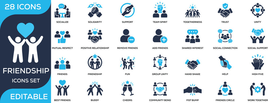Friendship solid icon set featuring trust, support, unity, social connection, teamwork, and community bonding. Flat vector icons for relationships and social projects.
