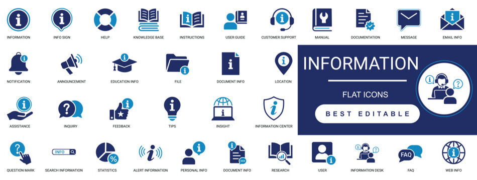 information solid icon set. data, knowledge, guide, info, support, faq, customer service help desk, document. solid vector editable icons collection.