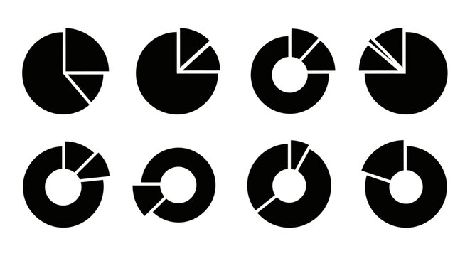 Set of Black Pie Chart Icons Isolated on White Background