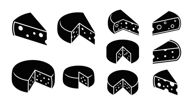 Set of Cheese Icons, Different Types and Shapes, Black and White Illustration