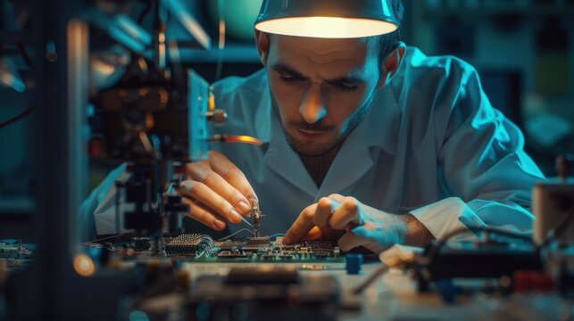 Technician examines delicate components on a computer motherboard under a bright desk lamp in a dark workshop.