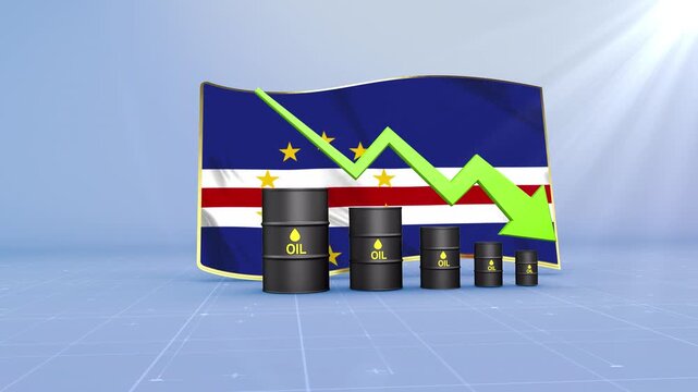Cape Verde Crude Oil Price Drop with Oil Barrels Downward Green Arrow and 3D Financial Data Visualization Graphs for Economy and Business Concept