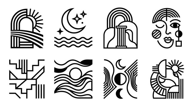 Abstract Geometric Shapes Set: Sun, Moon, Face, Nature Icons