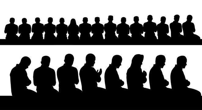 Silhouettes of Muslim men praying in rows, Islamic prayer ritual, community worship