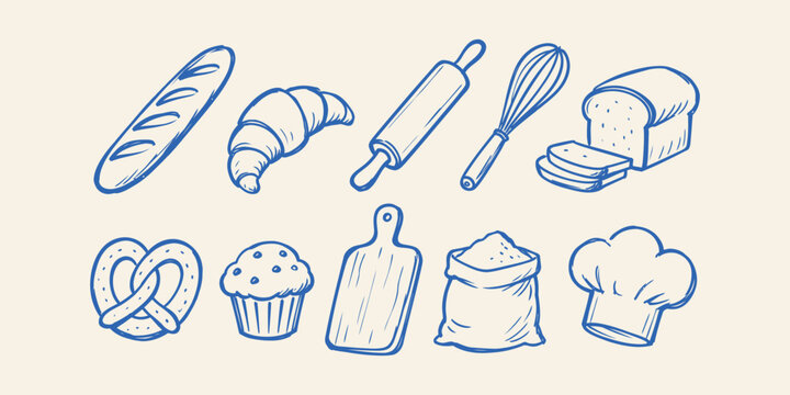 bakery elements and fresh bread baking doodle icon set with baguette croissant rolling pin whisk loaf pretzel muffin flour and chef hat vector illustration