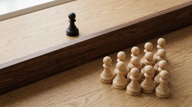Chess Pawn Leadership Strategy Concept &ndash; Single Black Pawn Against Group Wooden Pieces