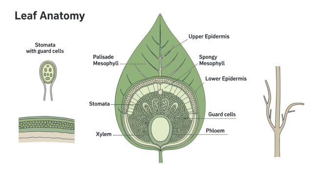 Detailed cross-section illustration of leaf anatomy, showcasing internal structures like mesophyll, stomata, xylem, and phloem, alongside diagrams of stomata with guard cells and a plant stem.