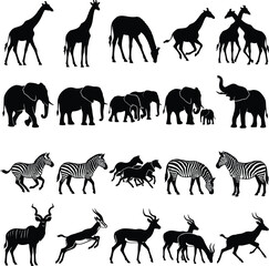 African safari animal silhouettes set, black elephant and giraffe vector icons, zebra and antelope wildlife collection for nature design © Vector Hive