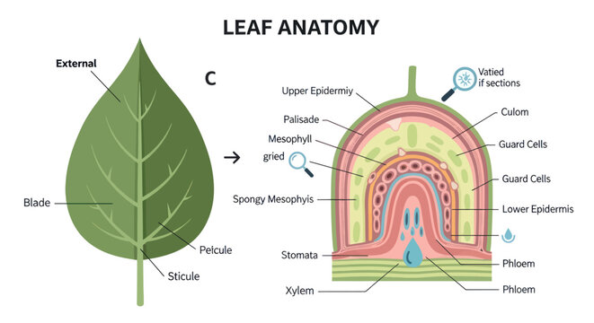 Detailed illustration of leaf anatomy, showcasing external features and a cross-section of its internal cellular structure.