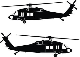 Military helicopter silhouette vector, black tactical transport aircraft icons, army utility chopper profile set for aviation design © Vector Hive