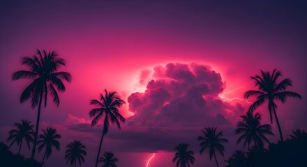Obraz premium Palm trees against thunderstorm sky with lightning