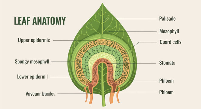 A detailed cross-section illustration showcasing the intricate anatomy of a plant leaf, labeling its various cellular layers and structures.