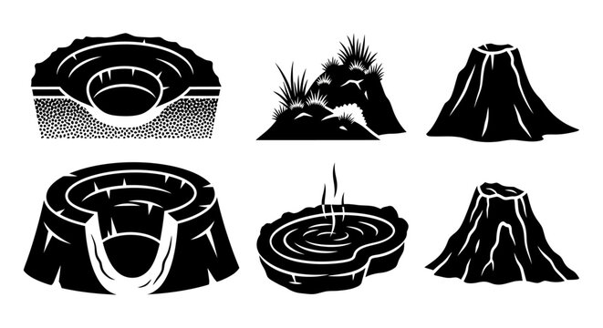 Volcano Eruption and Crater Icons: Geological Formations Collection
