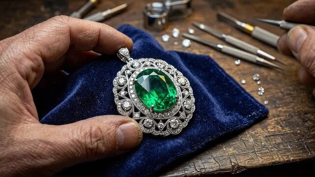 Jewelry artisan carefully inspecting a large emerald gemstone ring on cloth.
