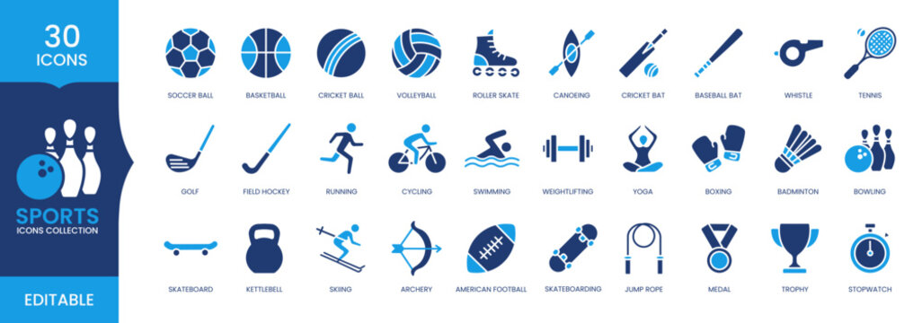 Sports Icons Set, Fitness Sports Equipment Editable Vector Collection, Athletic Games Flat Icon Pack