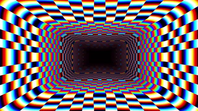 Psychedelic colorful checkered tunnel optical illusion loop video background 4K