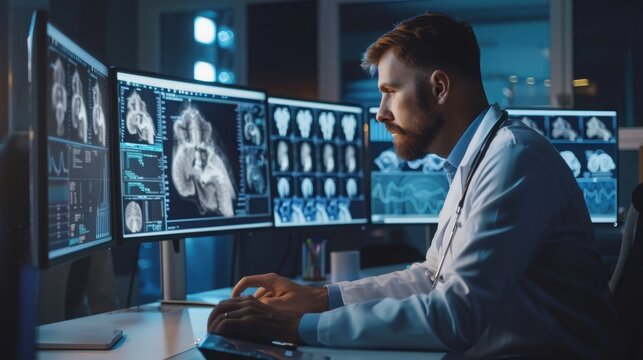 Radiologist examines complex medical imaging data on multiple monitors in a dark diagnostic room.