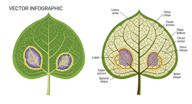 Vector infographic illustrating the detailed structure and venation of a green leaf, highlighting internal patterns and external features.