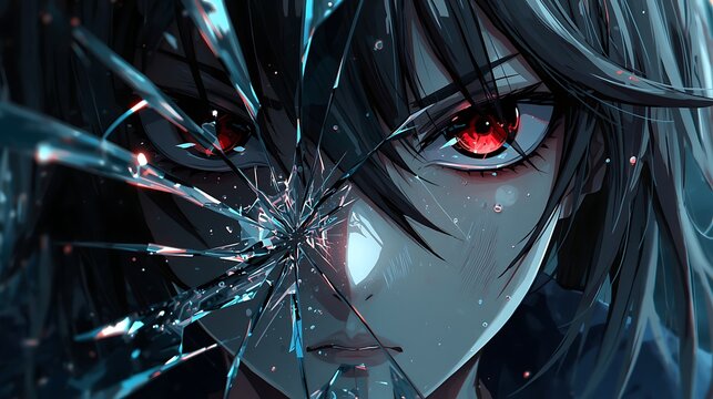 Anime style portrait of a girl with intense red eyes looking through shattered glass