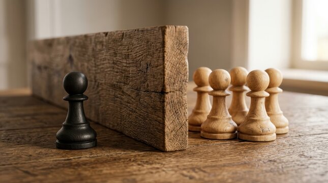 Chess Pawn Strategy Concept &ndash; Black Pawn Separated From White Pieces on Wooden Table