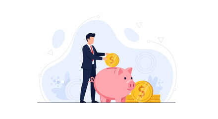 Fototapeta premium Businessman Saving Money in Piggy Bank - Vector Illustration for Finance and Investment Concepts