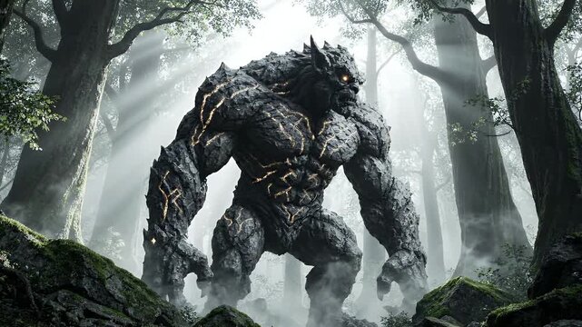 Massive Golem Monster with Stone Skin and Glowing Eyes Standing in Misty Forest with Sun Rays to Represent Epic Dark Fantasy Creature and Mythological Behemoth Concept