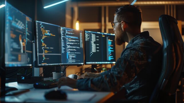 Software developer writes complex computer code on multiple illuminated screens during a late night session.