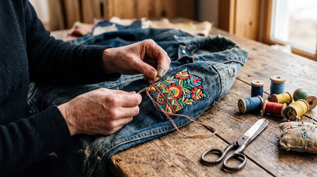 creative upcycling techniques, hands skillfully attach a vibrant patch to an aged denim jacket amidst sewing tools