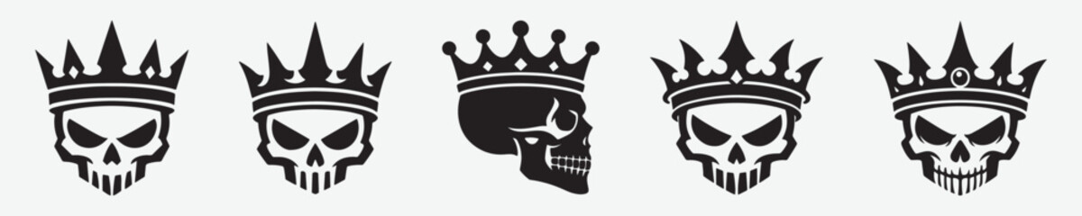 King skull vector set with crowns, aggressive skull mascot and gothic tattoo logo elements © MD