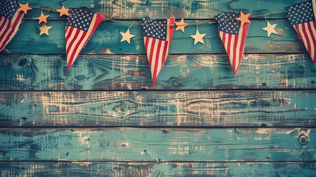 Pennants featuring stars and stripes hang in a row against a weathered blue wooden plank wall.