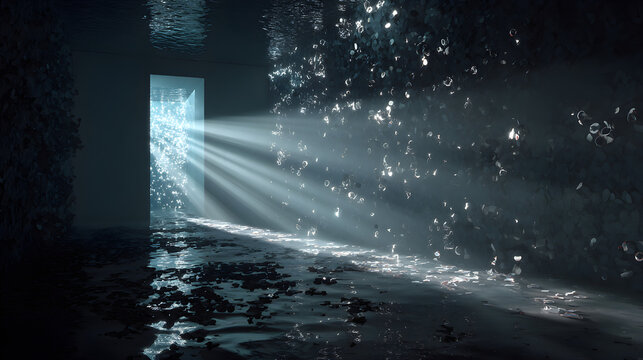 Underwater dreamscape with beams of light shining through a doorway