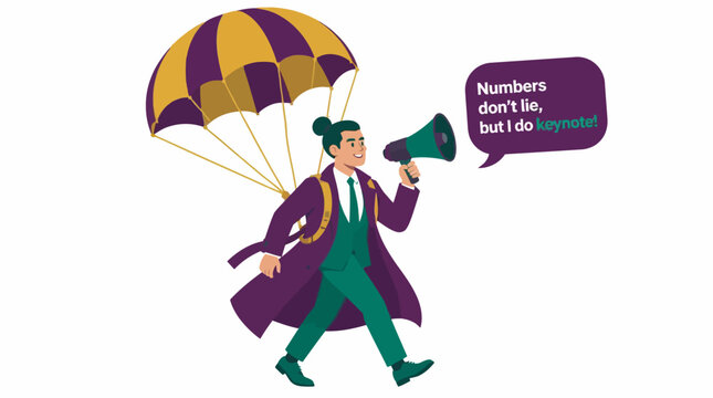 Whimsical character with parachute and megaphone illustration.