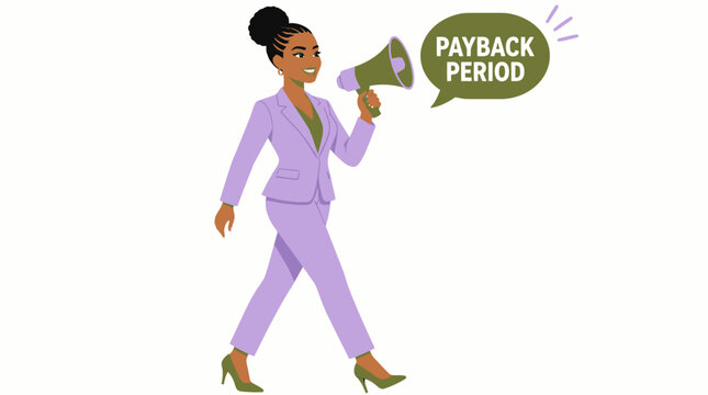 Confident businesswoman holding payback period megaphone.